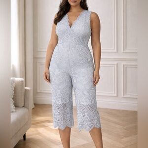 Foxiedox Lace Ice Blue V-Neck Open Back Cropped Formal Wedding Guest Jumpsuit